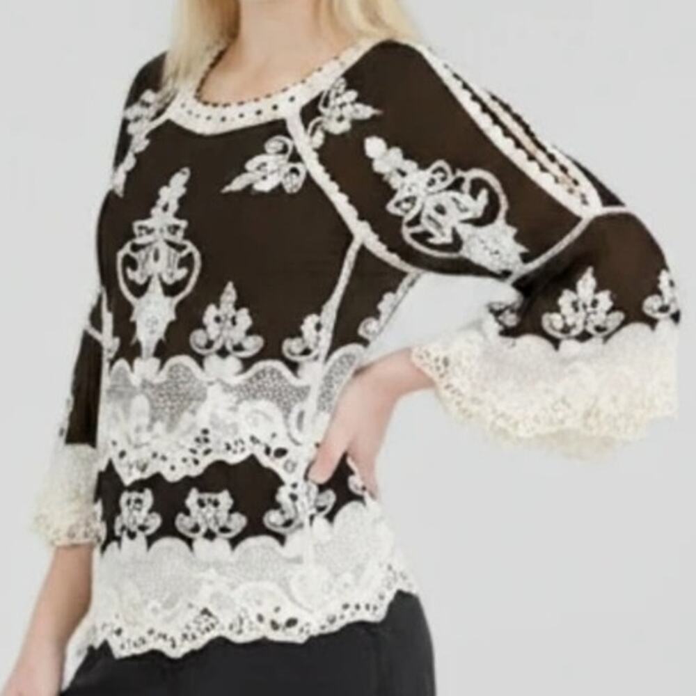 Democracy Olive Embroidered Crochet Lace Boho Cold Shoulder Top Size XL
